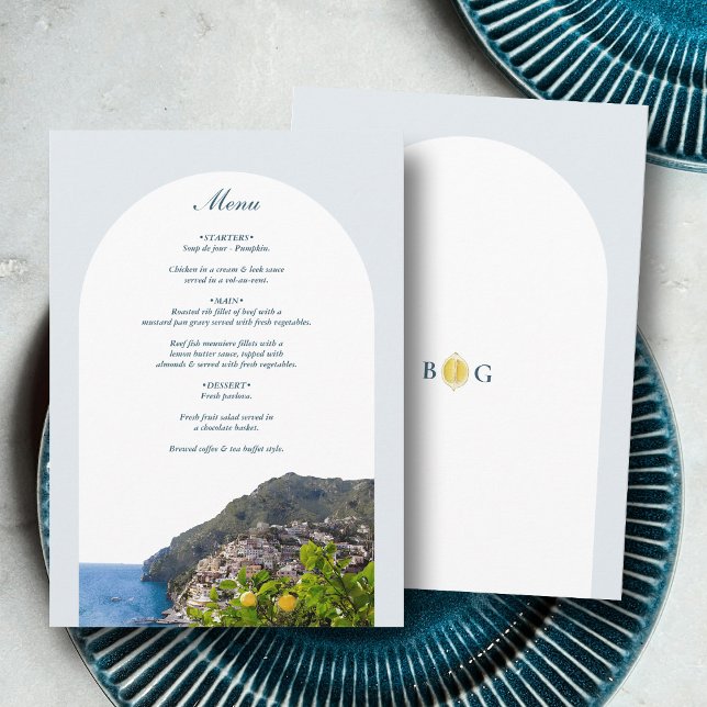 Akvarell Amalfi-kusten Båge Italien Citroner Bröll Meny (Watercolor Amalfi Coast Arch Italy Lemons Wedding Menu)