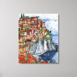 Akvarell Amalfi-kusten i Italien scen Canvastryck