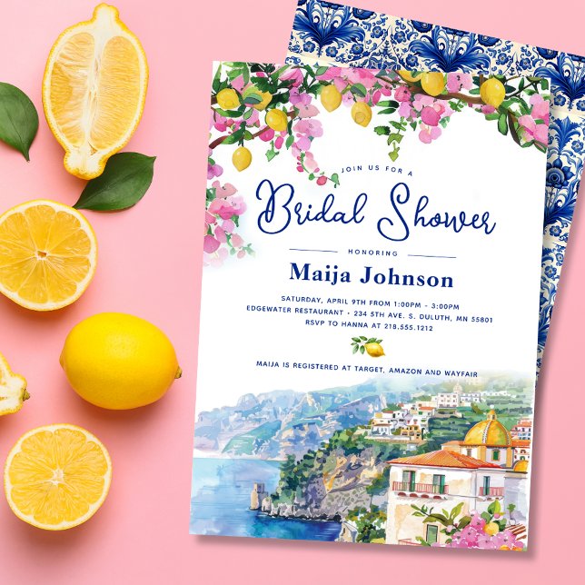 Akvarell Amalfi-kusten Rosa Citron Bröllopsdusch Inbjudningar (Watercolor Amalfi Coast Pink Lemons Bridal Shower Invitation)