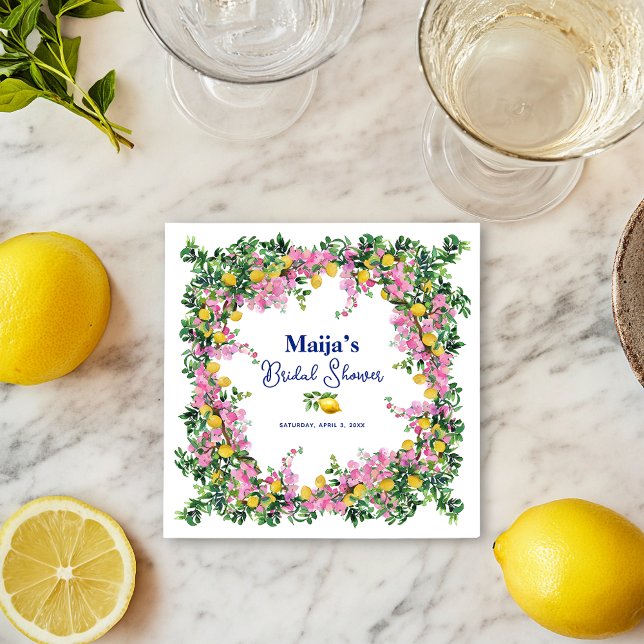 Akvarell Amalfi-kusten Rosa Citron Bröllopsdusch Pappersservett (Watercolor Amalfi Coast Pink Lemons Bridal Shower Napkins)