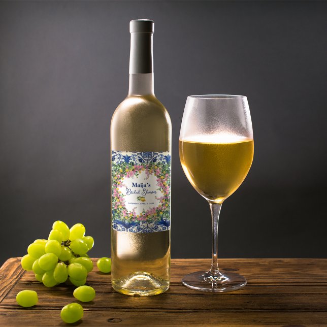 Akvarell Amalfikusten Rosa Citron Bröllopsdusch Vinflaska Etikett (Watercolor Amalfi Coast Pink Lemons Bridal Shower Wine Label)