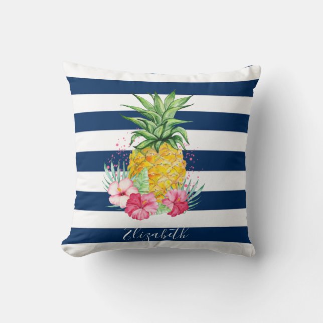 Akvarell Ananas Hibiskus, Marinblå Randig Kudde (Framsida)