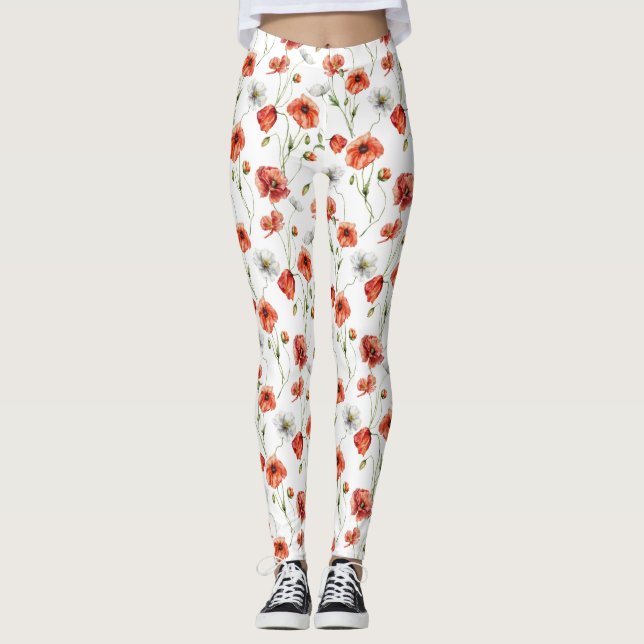 Akvarell Äng Vallmo Och Vita Vildblommor  Leggings (Framsida)