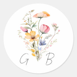 Akvarell Äng Vildblomma Monogram Bröllop Runt Klistermärke