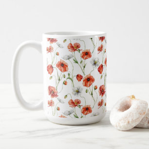 Akvarell Ängsvallmo Och Vita Vildblommor Kaffemugg