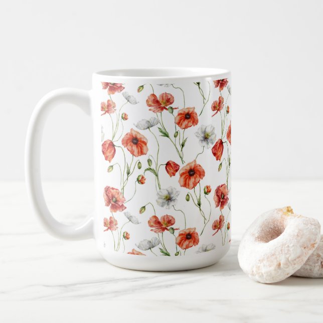 Akvarell Ängsvallmo Och Vita Vildblommor  Kaffemugg (Med munk)