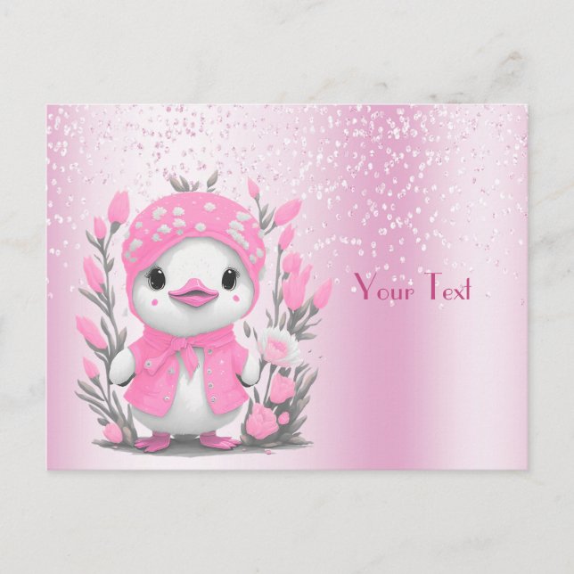 Akvarell Anka Rosa Blommor Brevkort Vykort (Framsida)