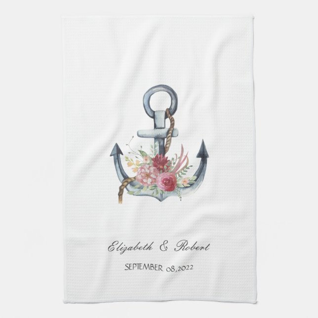 Akvarell Ankar Blommor Marin  Kökshandduk (Vertikal)