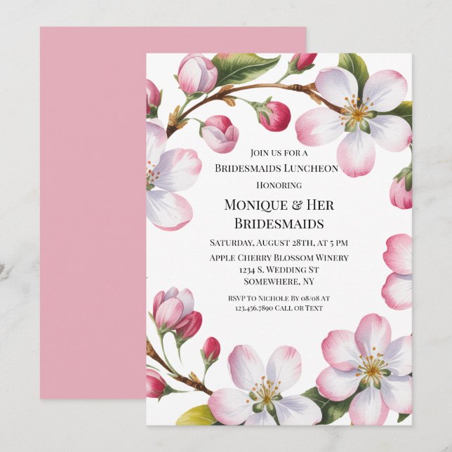 Akvarell Äpple Körsbärsblomning Brudtärnor Lunch Inbjudningar (Fram/baksida)