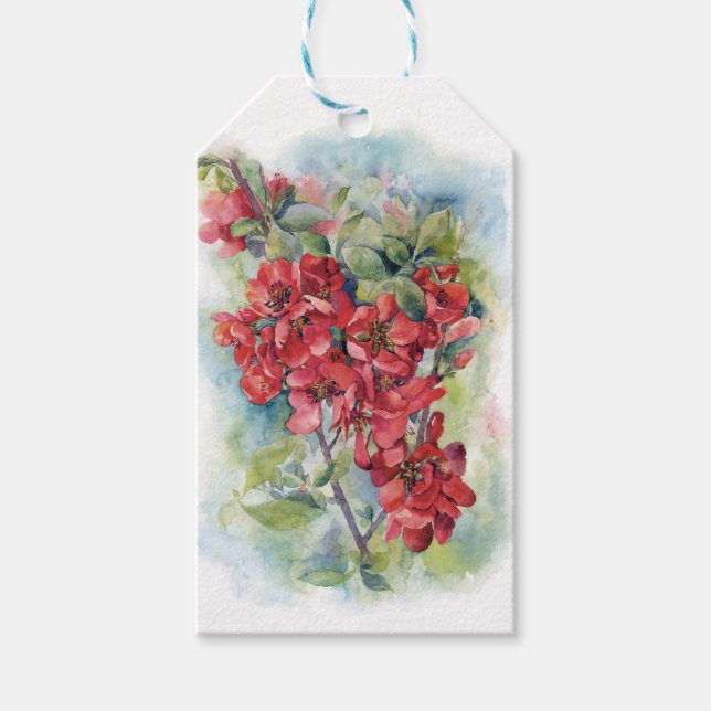 Akvarell äpple kvittens blomma blommor träd bröllo presentetikett (Framsidan)