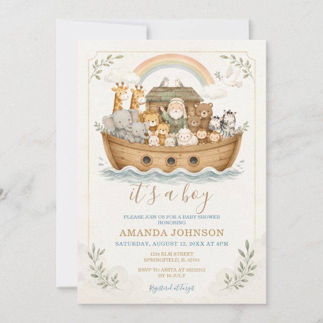 Akvarell Ark Djur Baby Shower Inbjudningar (Framsida)