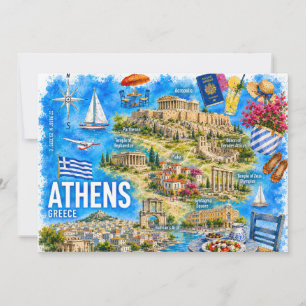 Akvarell Aten Grekland Akropolis Landmärke Karta Inbjudningar