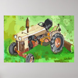 Akvarell av en Case-traktor, med skrapa Poster