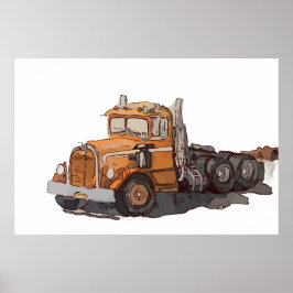 Akvarell av en gammal orange semi-traktor poster
