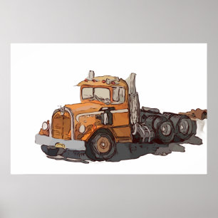 Akvarell av en gammal orange semi-traktor poster