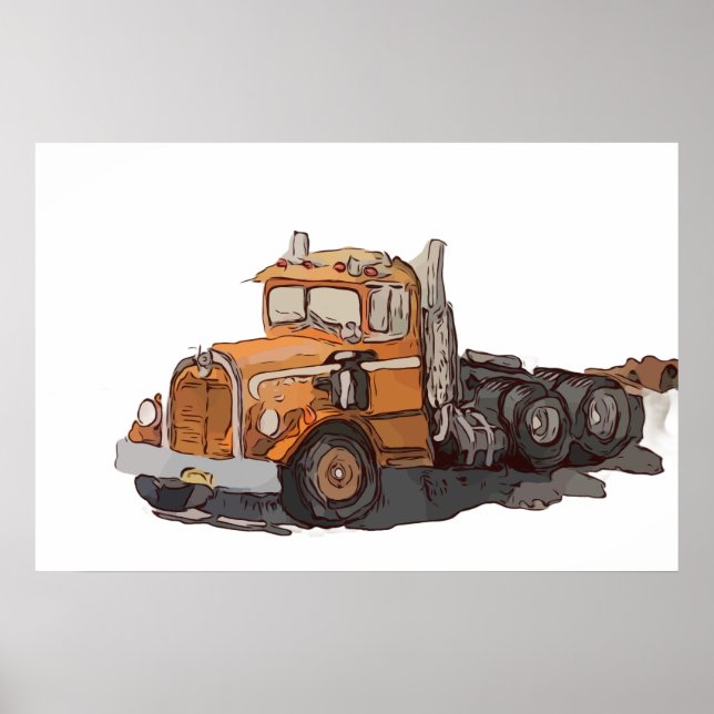Akvarell av en gammal orange semi-traktor poster (Framsidan)