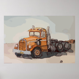 Akvarell av en gammal orange semi-traktor poster