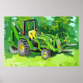 Akvarell av en grön traktor, baklastare, gaffeltru poster
