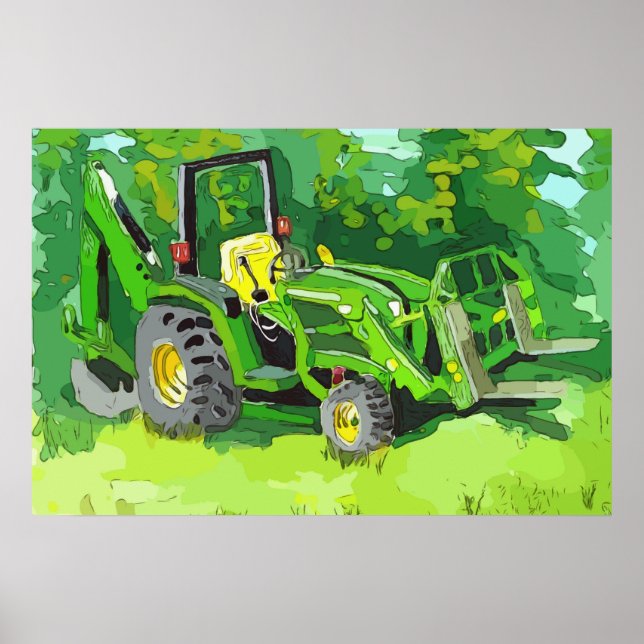 Akvarell av en grön traktor, baklastare, gaffeltru poster (Framsidan)
