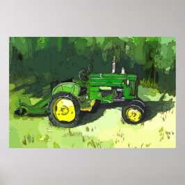 Akvarell av en grön traktor med buskklippare poster