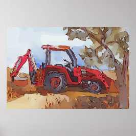 Akvarell av en orange traktor grävmaskin poster
