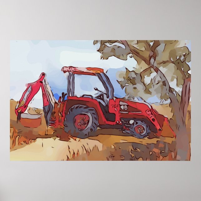 Akvarell av en orange traktor grävmaskin poster (Framsidan)