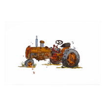 Akvarell av en rostig gammal orange traktor
