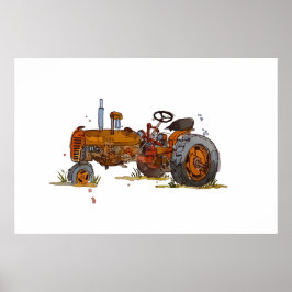 Akvarell av en rostig gammal orange traktor poster
