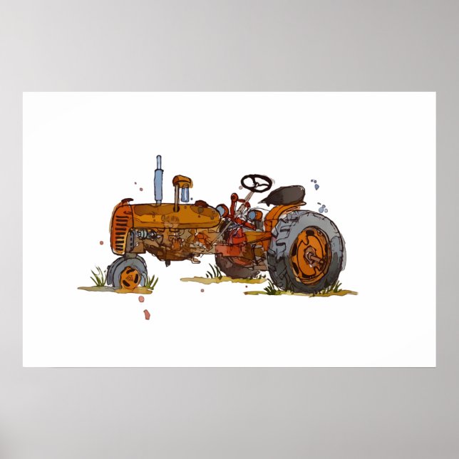 Akvarell av en rostig gammal orange traktor poster (Framsidan)