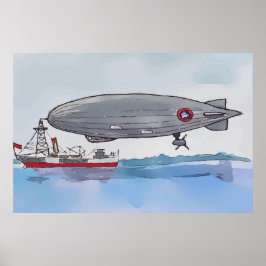 Akvarell av ett luftskepp förankrat vid en båt poster