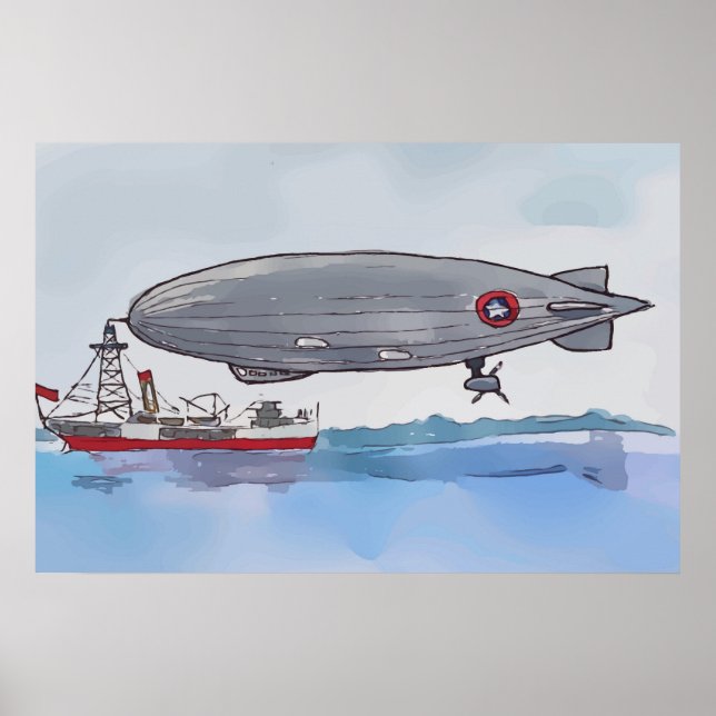 Akvarell av ett luftskepp förankrat vid en båt poster (Framsidan)