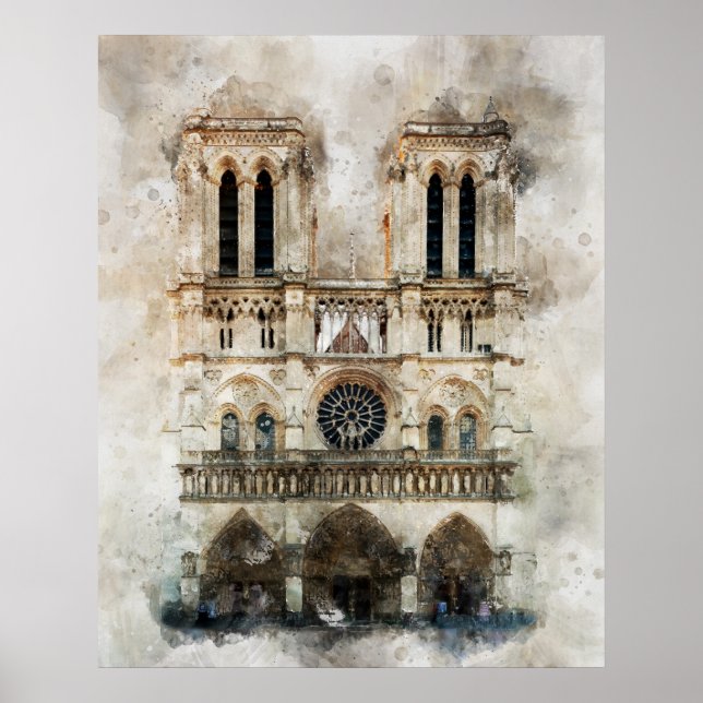 Akvarell av historiska Notre Dame-katedralens fasa Poster (Framsidan)