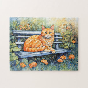 Akvarell av katt på bänk i blomsterträdgård pussel