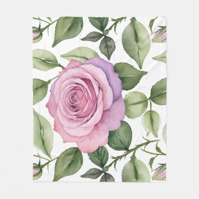 Akvarell av rosa och lavendelrosor fleecefilt (Framsidan)