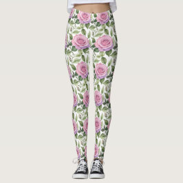 Akvarell av rosa och lavendelrosor leggings