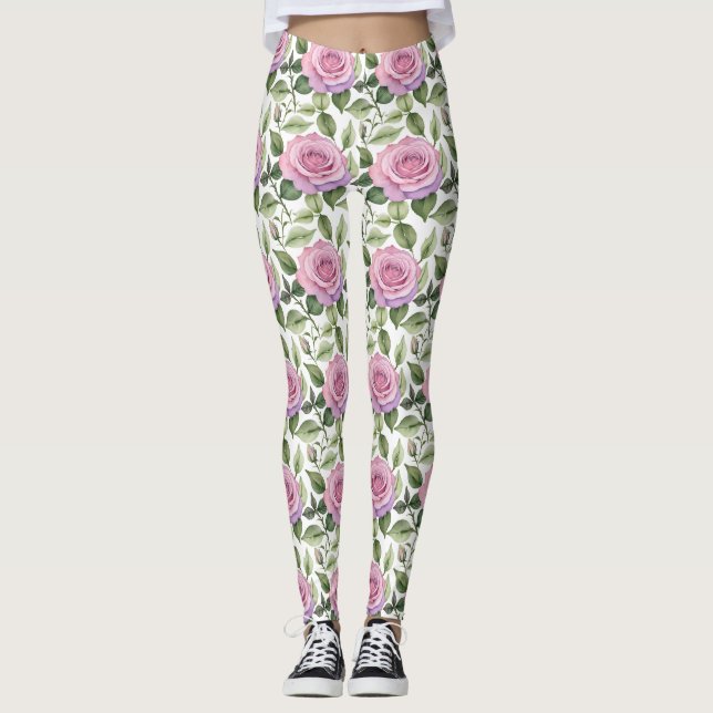 Akvarell av rosa och lavendelrosor leggings (Framsida)