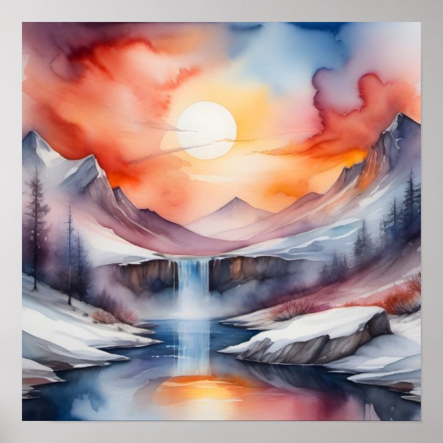 Akvarell av snötäckta berg under solnedgång poster (Framsidan)