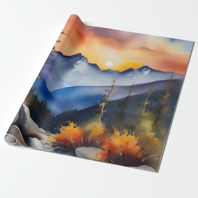 Akvarell av soluppgång över snötäckta berg presentpapper (Utrullad)