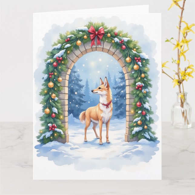 Akvarell Azawakh Snöig Stenbåge Jul Kort (Gul blomma)