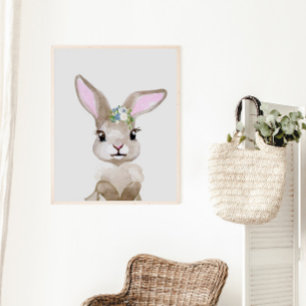 Akvarell Baby Kanin Unge Plantskola Blommig Skog Poster