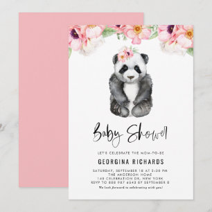 Akvarell Baby Panda Rosa Anemoner Baby Shower Inbjudningar