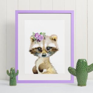 Akvarell Baby Rånunge Skogs Barnkammar Blommig Poster
