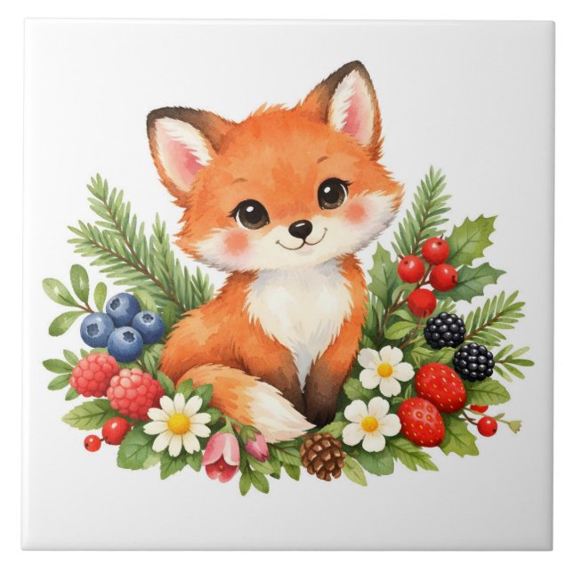 Akvarell Baby Räv med Bär och Blommor  Kakelplatta (Framsidan)