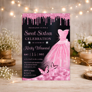 Akvarell Baby Rosa Glitter Klänning Sweet Sixteen Inbjudningar