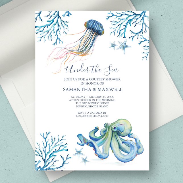 Akvarell Baby Shower Inbjudan Under Havet (Under the sea baby shower theme unique watercolor art by Victoria Grigaliunas of Do Tell A Belle)