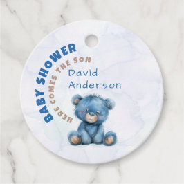 Akvarell baby shower pojke blå nallebjörn gåvor etiketter