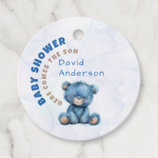 Akvarell baby shower pojke blå nallebjörn gåvor etiketter