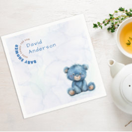Akvarell baby shower pojke blå teddybjörn pappersservett
