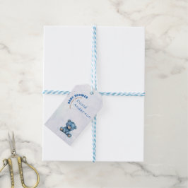 Akvarell baby shower pojke blå teddybjörn presentetikett