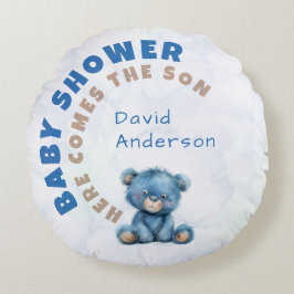 Akvarell baby shower pojke blå teddybjörn rund kudde